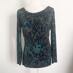 three dots animal print boatneck blouse blue green long sleeve blouse top size S